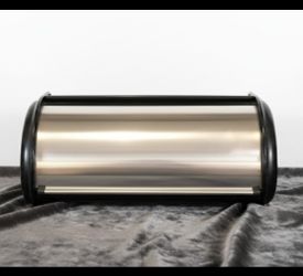 Vintage Stainless Steel Roll-Top Bread Box - Modern Countertop Storage, Black Trim