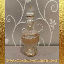 VINTAGE MID CENTURY MODERN GLASS DECANTER W/GOLD PLATED ACCENTS (READ)
