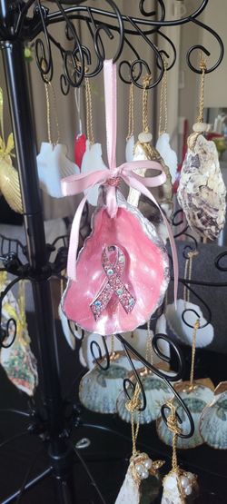 🎀 Handmade Breast Cancer Awareness Pink Ribbon Oyster Shell Ornament 🎀
