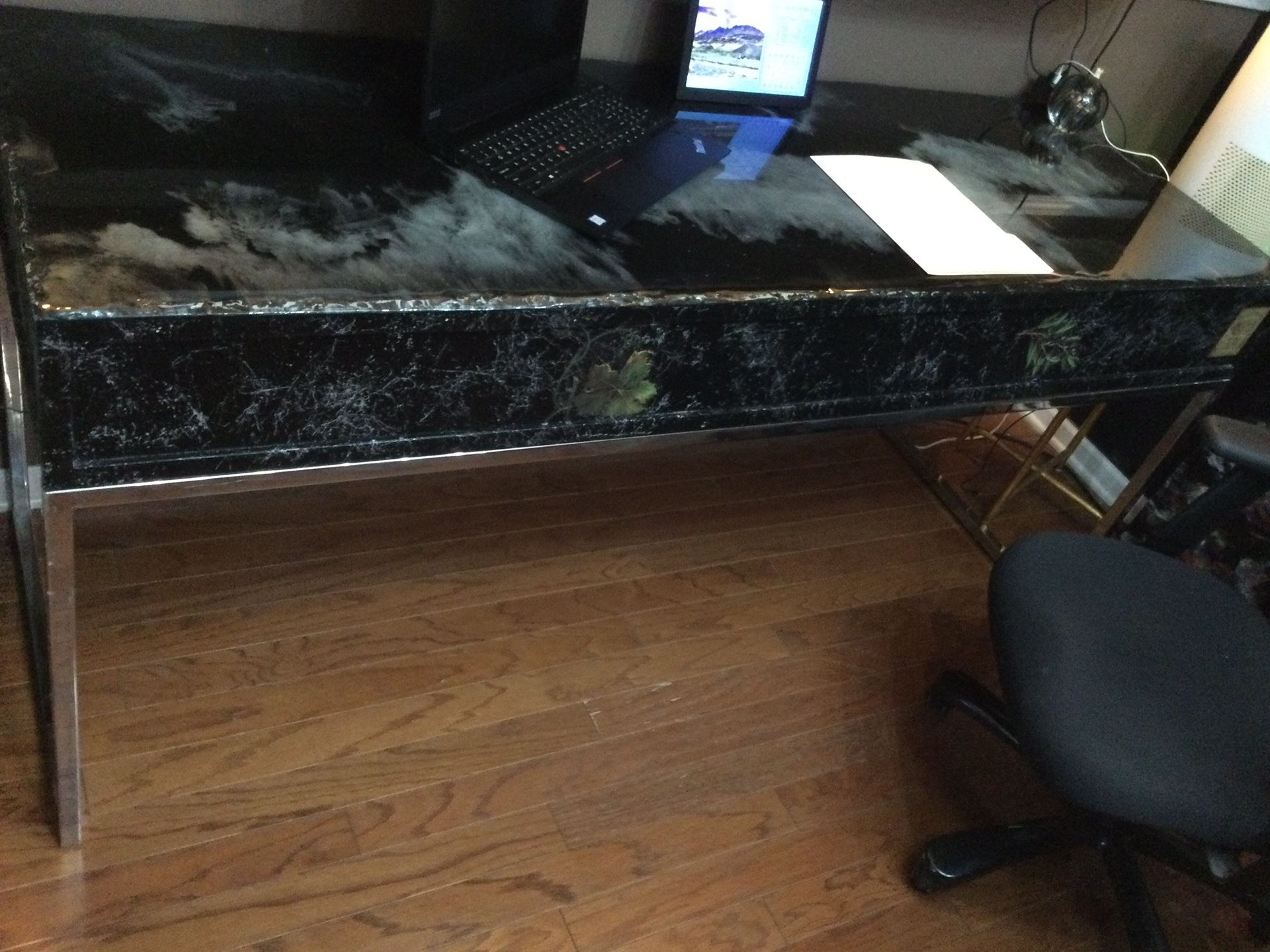 EXCELLENT FOR HOLIDAY BUFFET TABLE GRANITE LOOK CHROME TABLE OR DESK..MADE WITH EPOXY. ROCK LOOK EDGES….GLOSSY BLACK WITH GRAY DESIGN…72X24X32H 
