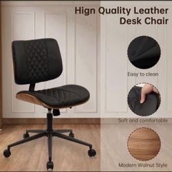 Armless Home Office Chair, Desk Chair with Wheels, Adjustable Height Reading Chair, Leather Mid Back & Swivel Computer Chair, Modern Walnut Chair with