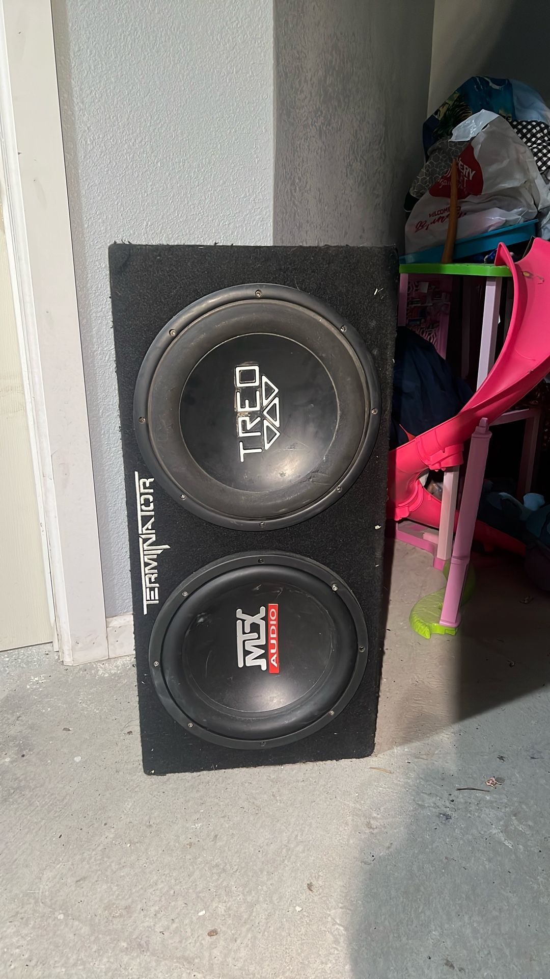 Terminator Ported 12 Inch Speaker Box With Pile Amp Two Mixed Match 12 Inch Speakers A Trio And A Mtx Audio I Also Have A Jbl 1100 To Throw In With It