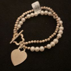7” Gold Beaded And White Cultured Pearls Bracelet With Silver Heart Charm