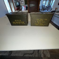 A pair of US military ammo can cartons  100 caliber 50 linked 4  ball  M33-1 TR M-17 Lot # L-115148 & L-88373   Military Militaria ammunition  Empty 