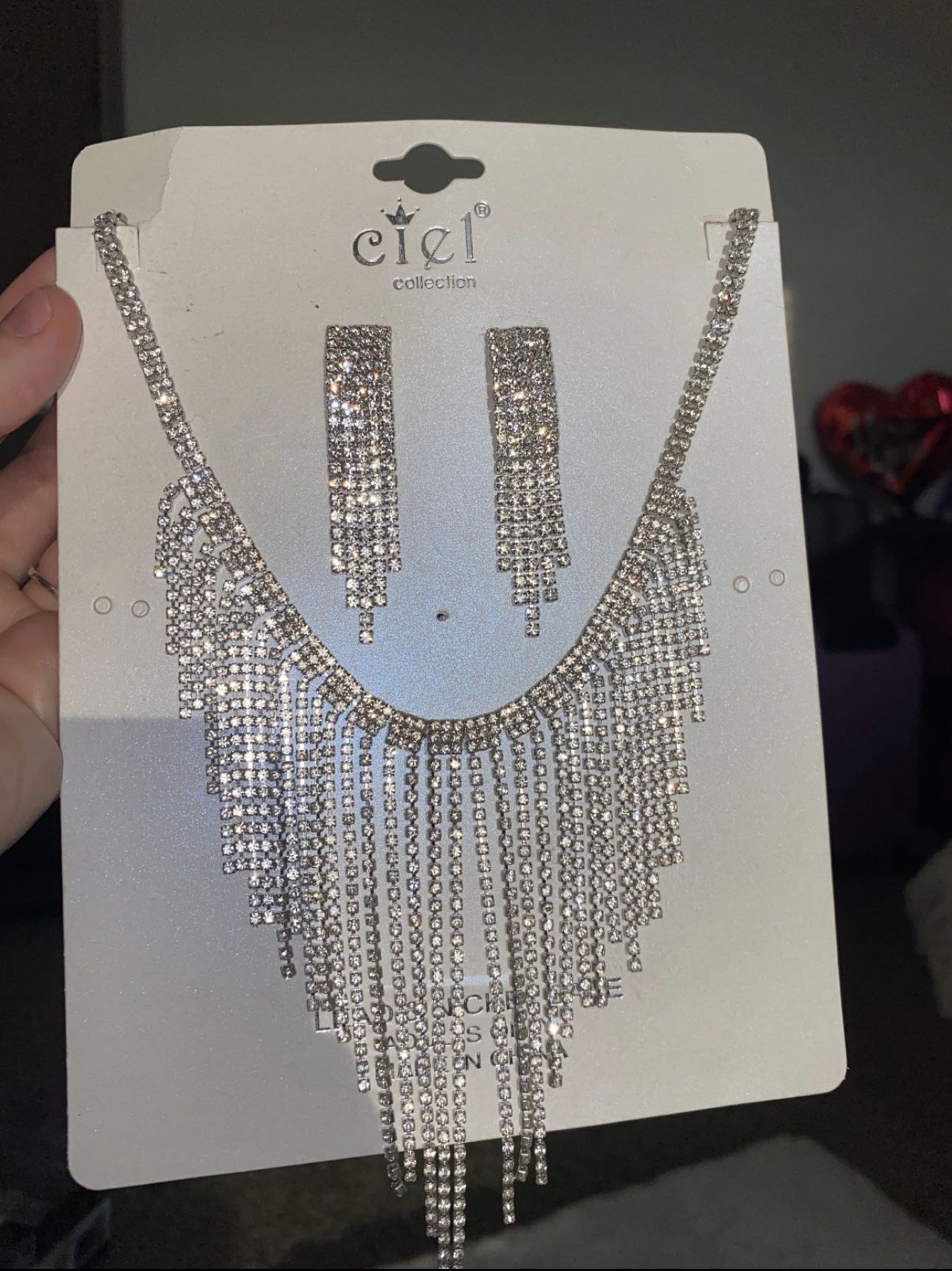 Silver Rhinestone Necklace & Earrings Set