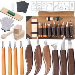 Wood Carving Kit for Beginners –Whittling Knife Set 25pcs Wood Carving Tools with PU Leather Storage Bag, 10 Carving Knives, 7 Templates & Basswood fo
