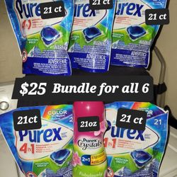 5 Bags of Purex 4in1 (21 CT =105 In Total) & PURE Crystal's (21oz Bottle) For $25/$25 Por Los 6