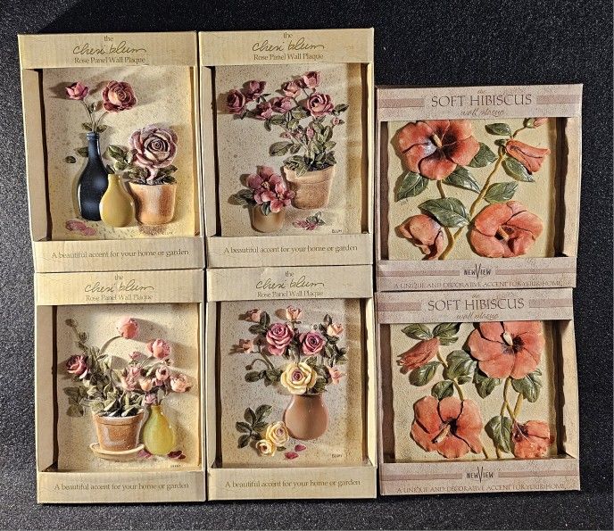 Lot Of 6 New Unique Vintage Wall Plaques Four Cheri Blum Rose Panel, Two Soft Hibiscus Panels.