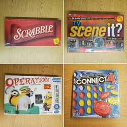 4 Brand New Family Board Games Scrabble, Connect 4, Despicable Me 2 Operation, Scene It