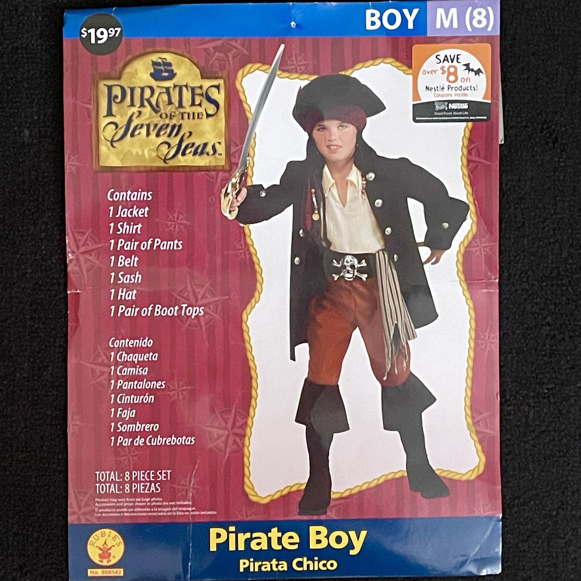 Pirates of the Seven Seas Boy Costume 8-years old. Like new condition. All pieces included. 