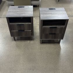 24” H Mid Century Night Stand with Charging Station 2-Drawer Storage