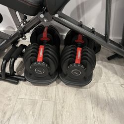 Adjustable workout bench along with adjustable dumbbells up to 50 pounds