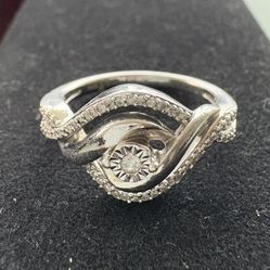 Sterling Silver Diamond Ring  - Size 7