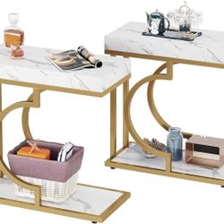 Tribesigns set of 2 Narrow Side Table White Gold C Shaped End Table Modern Small Bedside Tables for Couch, Sofa Chairside Tables with Metal Frame for 