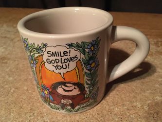 VINTAGE SHERMAN ON THE MOUNT SMILE! GOD LOVES YOU! STONEWARE COFFEE MUG/CUP 1982