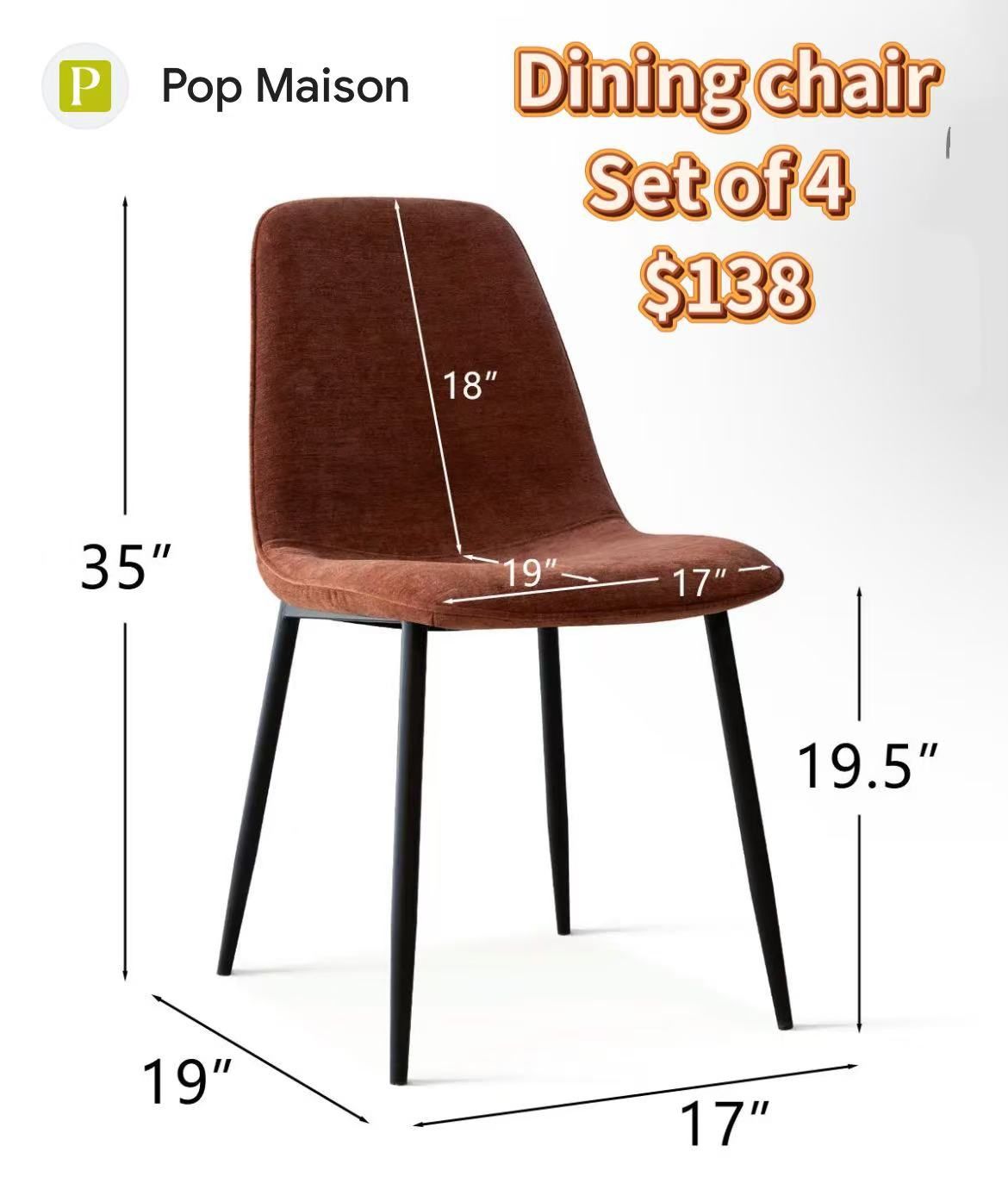 😀 4Pcs The Pop Maison Oslo Modern Chenille Dining Chair with black Metal Legs,