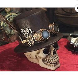 Steampunk Skull Figurine with Hat and Feather - Skull Gothic Decoration