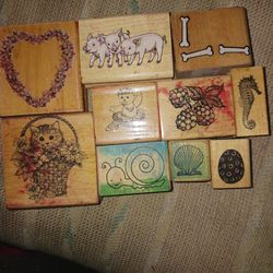 Lot Of 10 Rubber Stamps Wooden Base