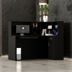 55.9 inches Modern Minimalist White/Black L-Shaped Reception Desk with Large Storage Filing Cabinets
