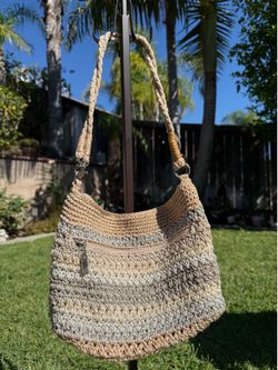 8” The Sak Purse Sand Stripe Neutral Colors Crochet Bag Handbag Accessories