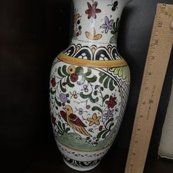 Vintage Decorative Hand Painted Marked Asian Colorful Bird & Flowers Vase