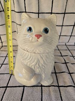 Metlox California USA Mid Century 1960s Ceramic White Cat Blue Eye Cookie Jar