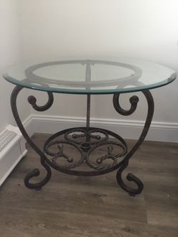 26 INCH ROUND GLASS AND METAL END TABLES SET OF 2 - MINT CONDITION