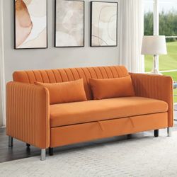 ORANGE VELVET FABRIC SOFA COUCH ADJUSTABLE PULL-OUT BED - SILLON CAMA ANARANJADO