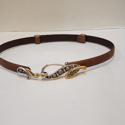 Chicos Women's S Brown Genuine Leather Belt Adjustable with Faux Turquoise details