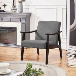 Leisure Chair with Solid Armrest and Feet, Modern Mid-Century Accent Chair, Linen Fabric Side Sofa for Living Room Bedroom, Dark Gray