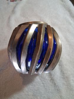 Vintage MCM Brutalist Tea Light Holder: Caged Cobalt Glass in Twisted Solid Brass Rings