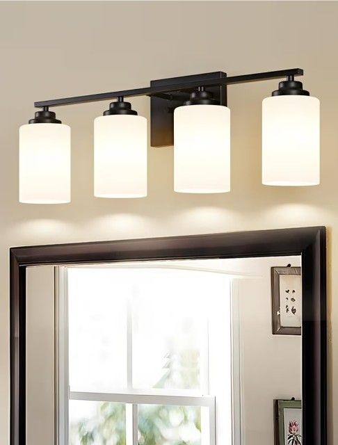 NIB 4-Light Bathroom Light Fixtures, Matte Black Bathroom Vanity Lighting Fixtures Over Mirror with Milky Glass, Modern Wall Sconce Lights for Bath, O