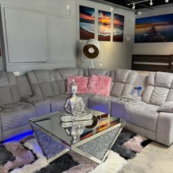 Grey Power Reclining Microfiber Sectional With Led Lights 