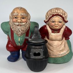 Vintage Mr and Mrs Santa Clause Pot Belly Stove Ceramic Display Christmas Decor