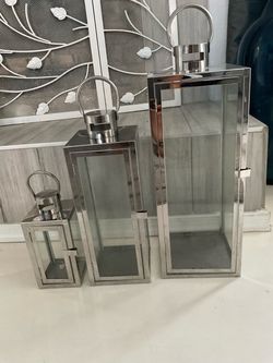 Set of 3 Stainless Steel and Glass Decorative Lanterns