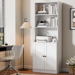 75" Tall Book Shelf and Bookcase with 2 Doors, Large 5-Tier Freestanding Bookshelf with 15.7" Depth Storage Cabinet and Adjustable Shelf for