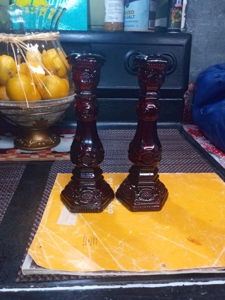 2 Ruby Glass Candlesticks