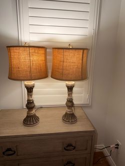 Pair of Old World / Mediterranean Table Lamps – Distressed Finish & Burlap Shades – 28.5” Tall