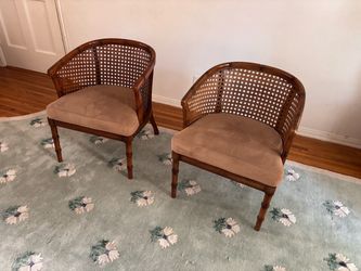 Pair of Vintage Cane Barrel Chairs – Wood & Velvet