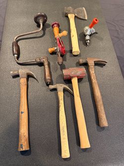 Lot of 8 vintage tools .  Drills, hammers, hatchet and sledge
