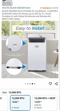 NEW-NO BOX-BLACK+DECKER Smart Portable Air Conditioner, 12,000 BTU (8,350 BTU SACC) for Rooms up to 550 Sq. Ft., Smart Portable AC with Follow Me Remo