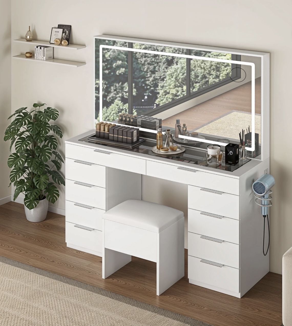 46in White Vanity Desk With 10 Drawers, LED Lighted Mirror, Glass Table Top 