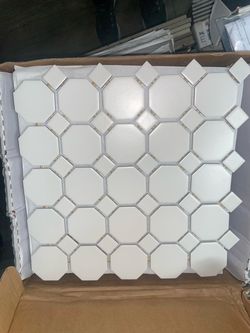 White Octagon and Dot Mosaic Tile Sheet