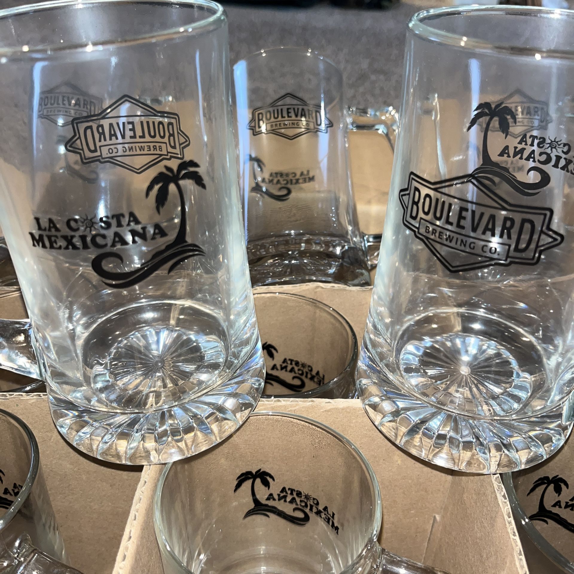 Set of 12 New Heavy glass beer steins Boulevard Brewing La Costa Mexicana logos