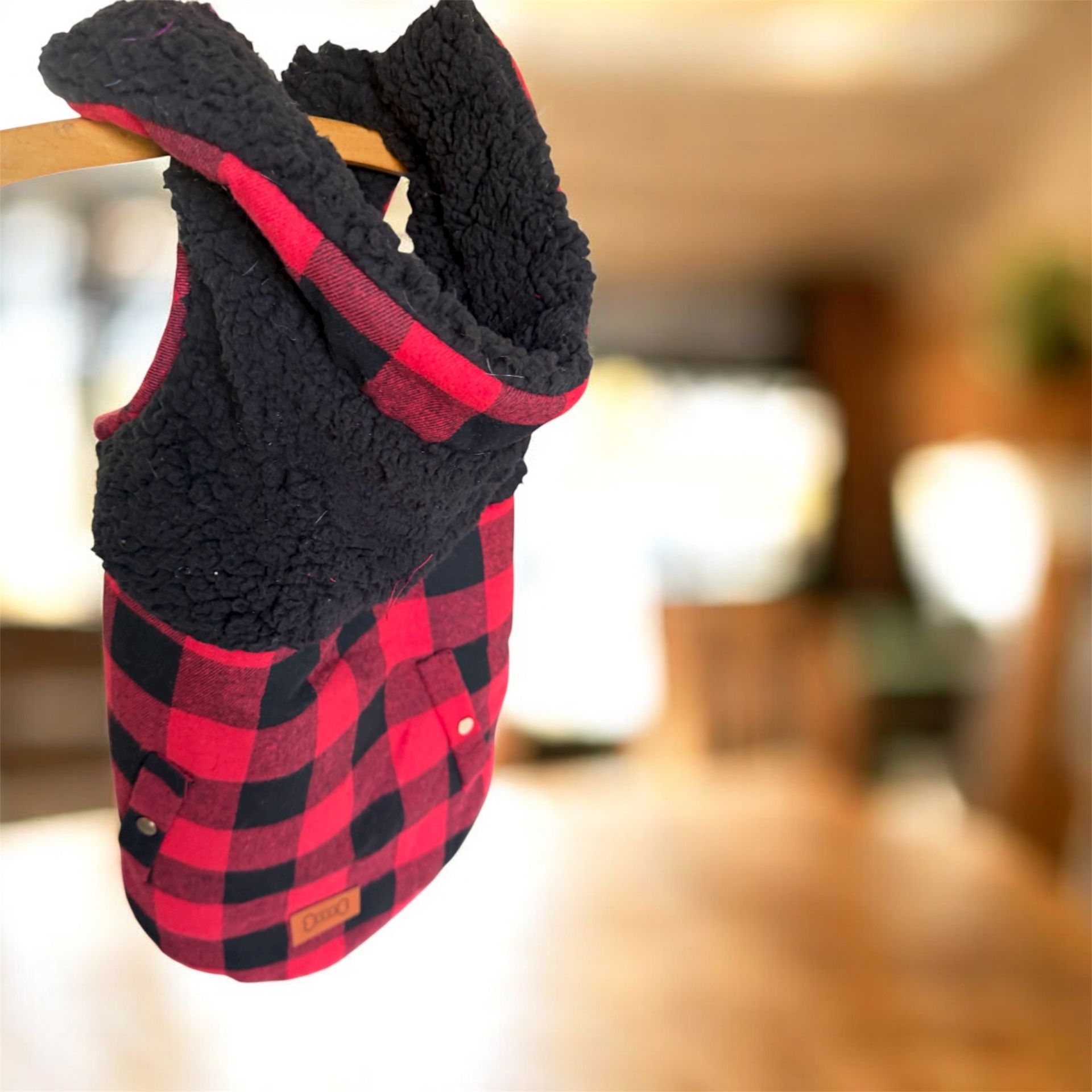 Wool rich Pet Red Black Buffalo Plaid Sherpa Dog Coat