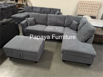 NEW! Dark Gray Fabric Sectional Sofa and Chaise Set FREE STORAGE Ottoman Ashley Style Ivory White Beige Black Green Discount BIG Couch Clearance SALE
