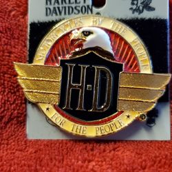 Vintage Harley Davidson Eagles Head Round Gold Tone And Enamel Large Pin. 