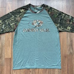 Mossy Oak Shirt Mens LRG Green Camo Raglan 3/4 Sleeve Baseball Hunting Crewneck