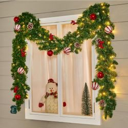 9FT Christmas Garland with Lights, Battery Operated Lighted Garland with Pinecones, Berries, Ornaments, 100 LED White Lights, 8 Modes, Timer
