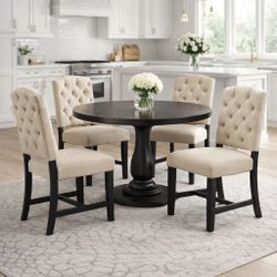 Set Of 4 Upholstered Chairs For Dining Room And Living Room (Espresso Wood + Off White) [NEW] **Assembly Req** Only Chairs**